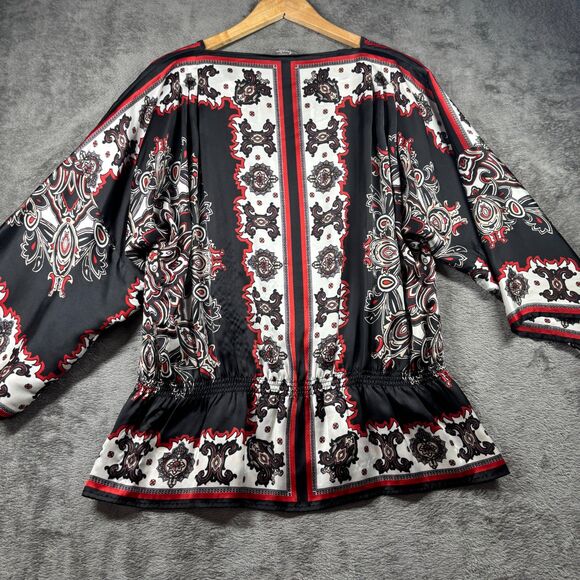 Chico's Travelers Women Boho Blouse Top Bell Sleeve Black Red Size 3 XL I162 - Picture 4 of 8